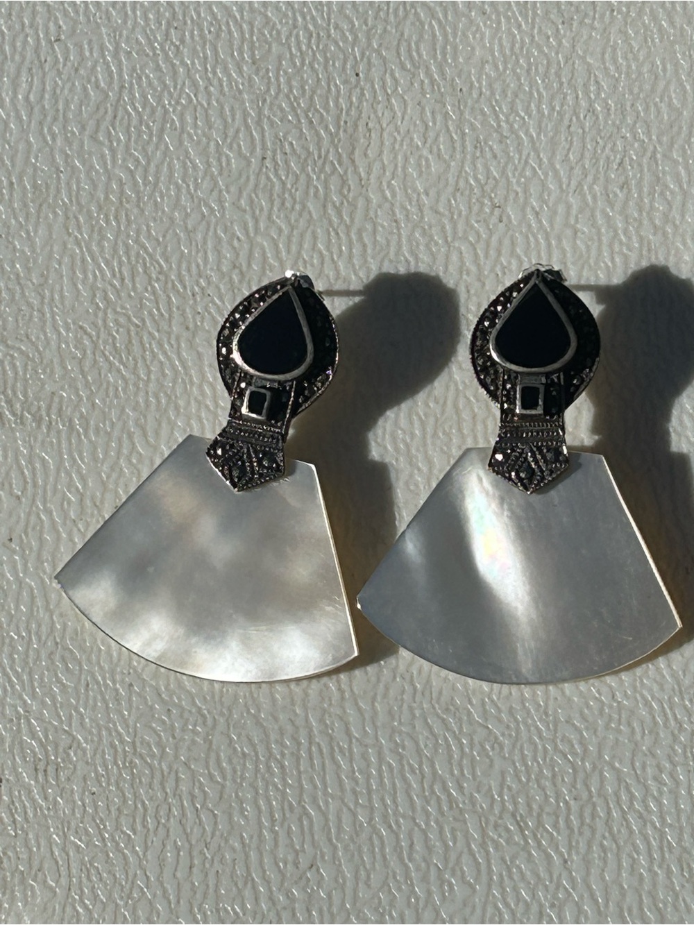 Vintage Sterling Silver and Mother-of-Pearl Fan Drop Earrings